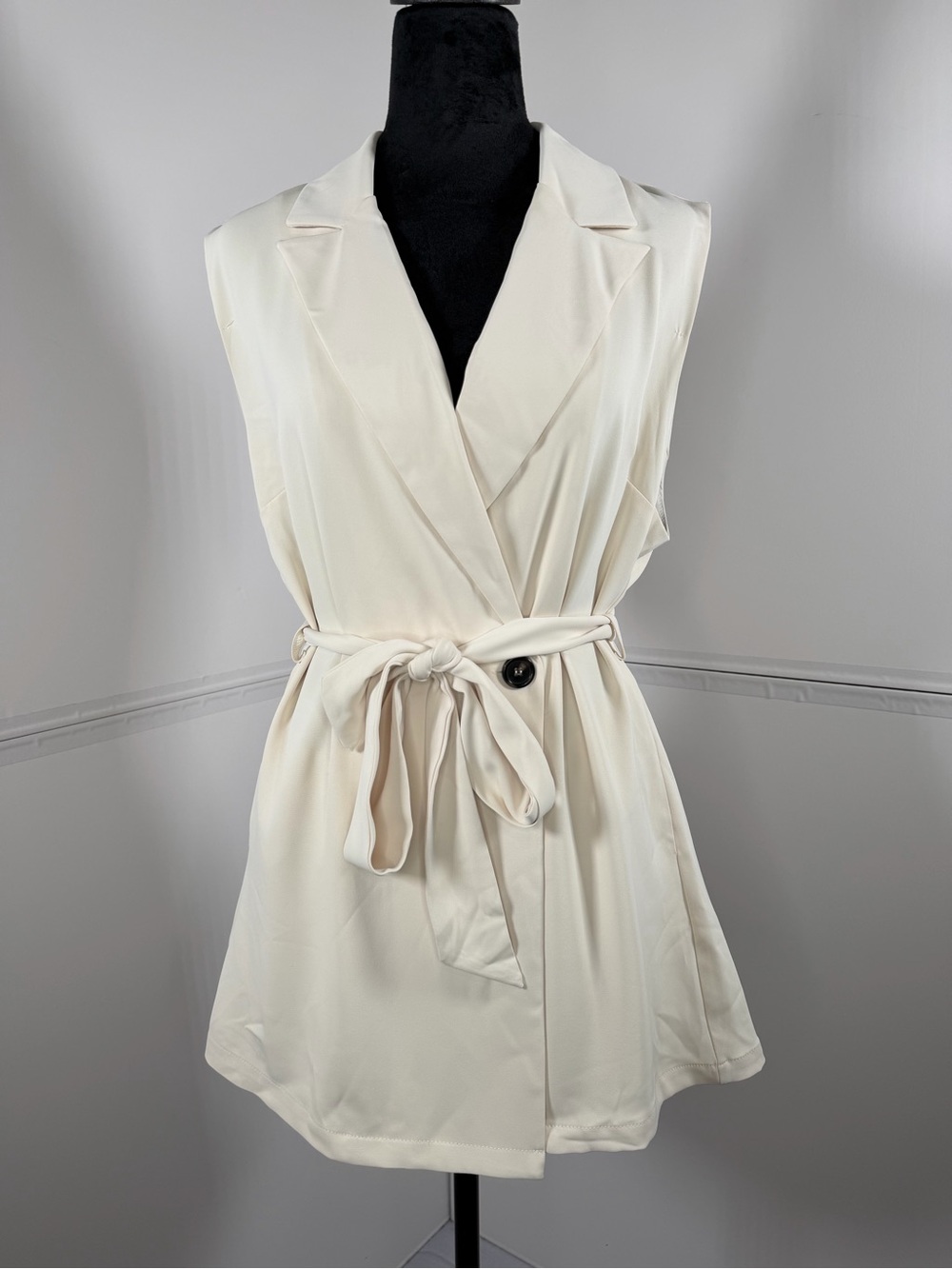 NWT Melloday Ivory Sleeveless Longline Blazer Vest Tie Waist Size Medium - Picture 5 of 11